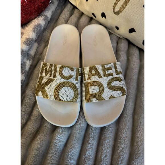 Sz10 nwot michael Kors Gilmore pool slide sandals w/logo bling gold white rhines - Picture 9 of 9